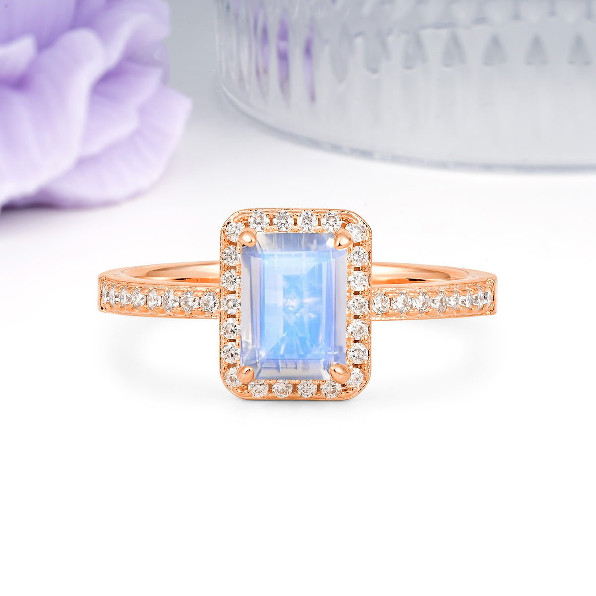 Classic Pavé-Set, Luxurious 4-Prong, Emerald-Cut Moonstone Engagement Ring - Additional view