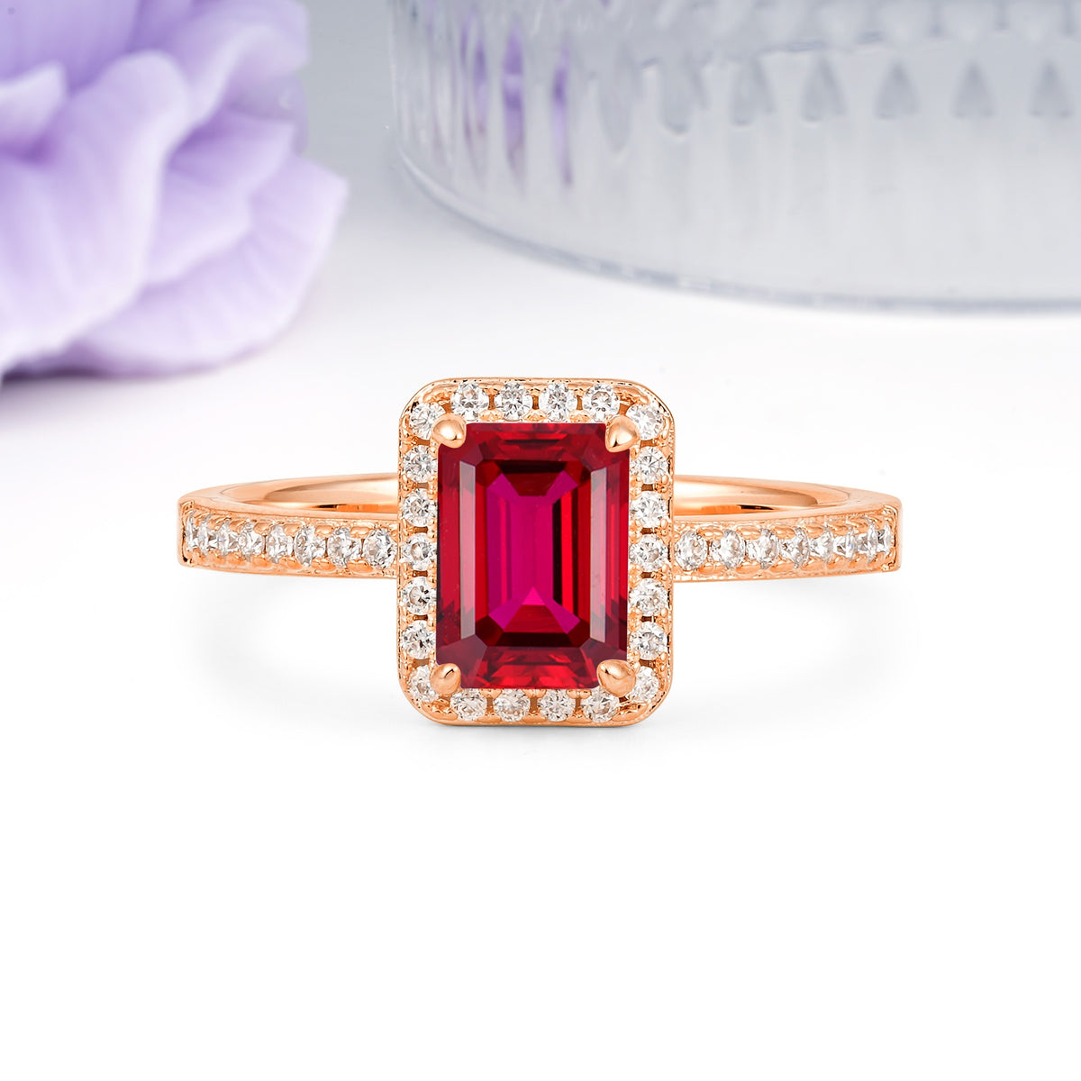 Classic Pavé-Set, Luxurious 4-Prong, Emerald-Cut Ruby Engagement Ring - Additional view