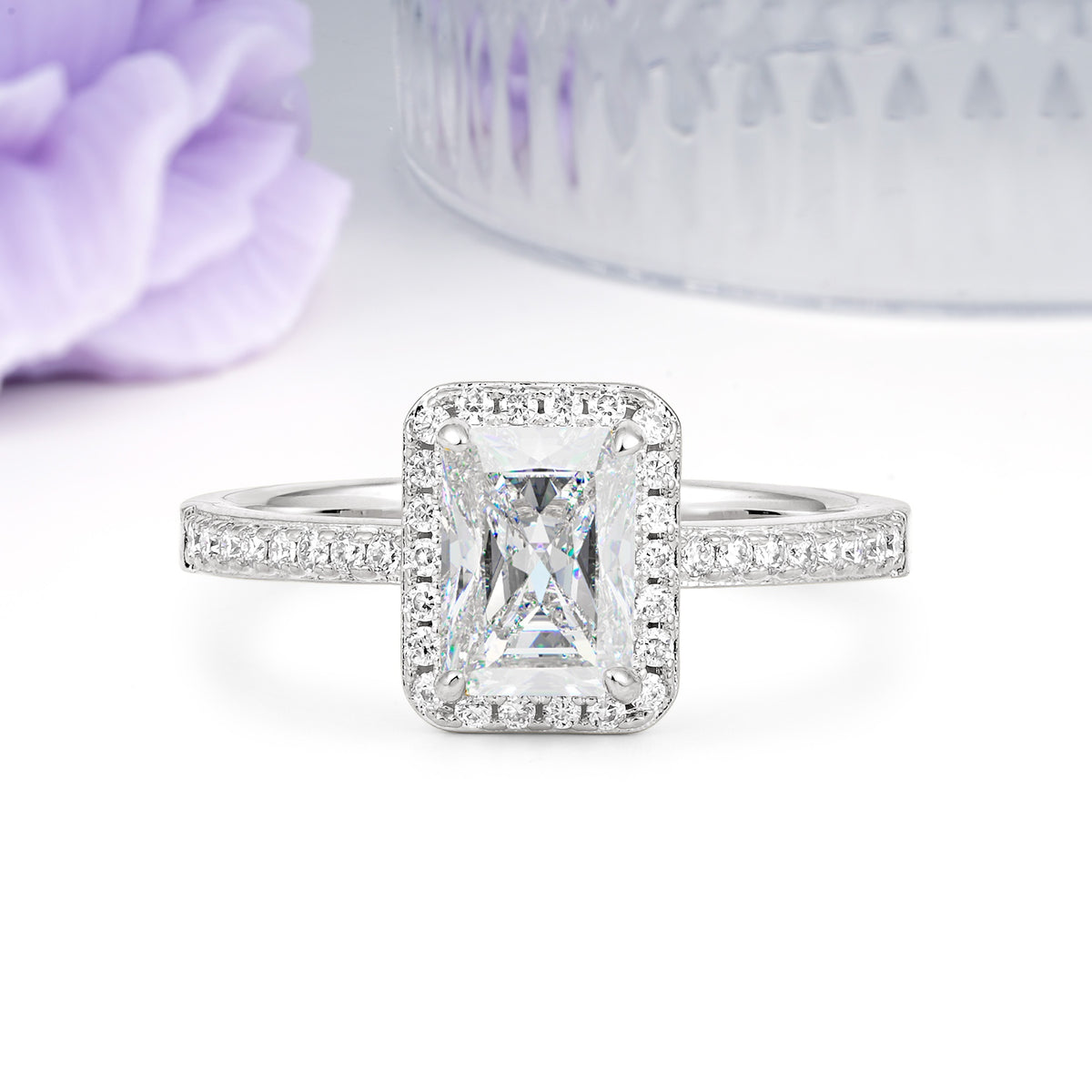 Classic Pavé-Set, Luxurious 4-Prong, Emerald-Cut Moissanite Engagement Ring - Additional view