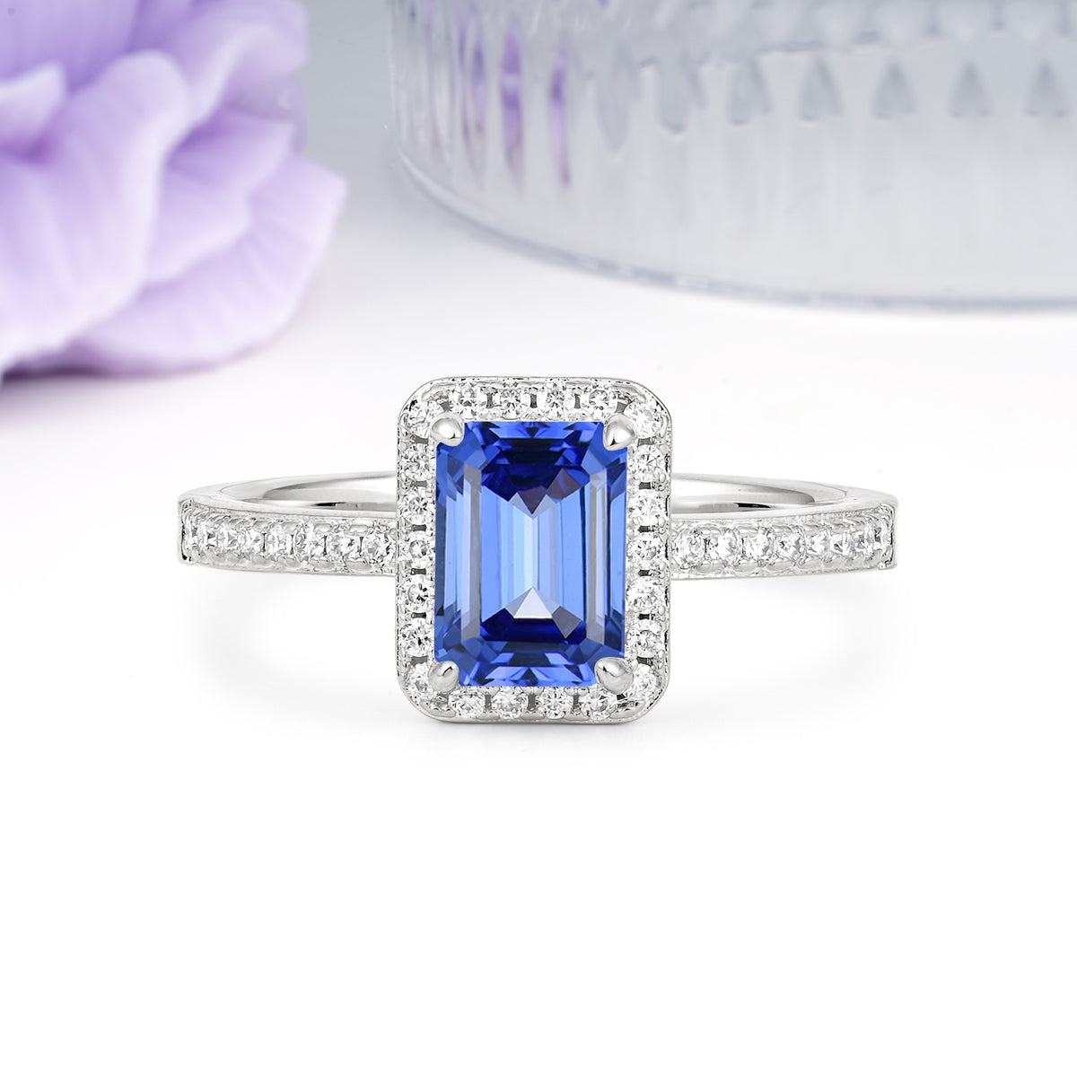 Classic Pavé-Set, Luxurious 4-Prong, Emerald-Cut Sapphire Engagement Ring - Additional view