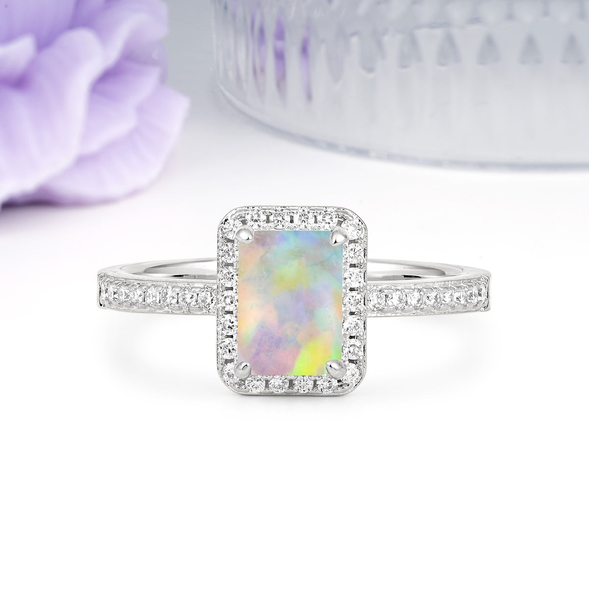 Classic Pavé-Set, Luxurious 4-Prong, Emerald-Cut Fire Opal Engagement Ring - Additional view