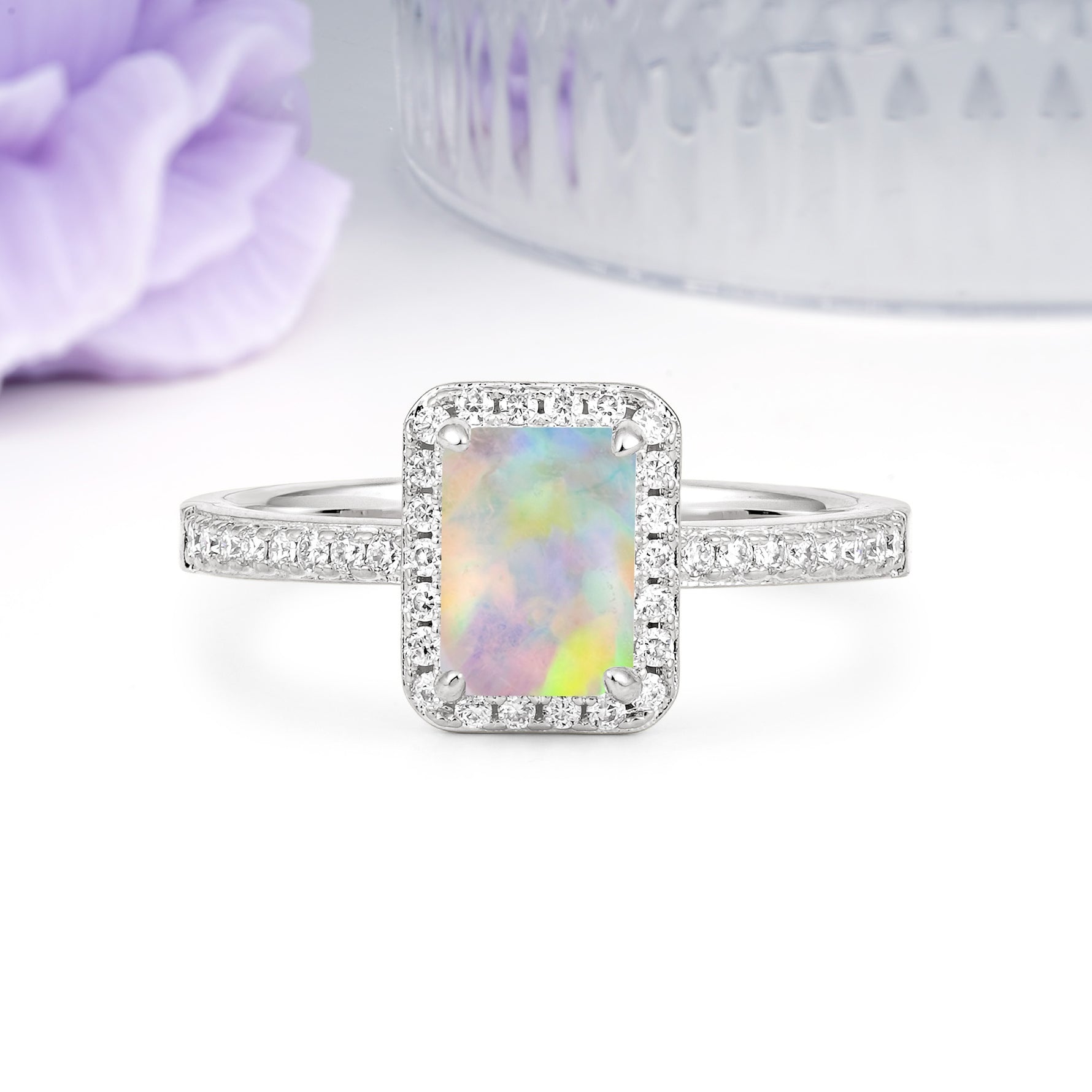 Classic Pavé-Set, Luxurious 4-Prong, Emerald-Cut Fire Opal Engagement Ring - Additional view