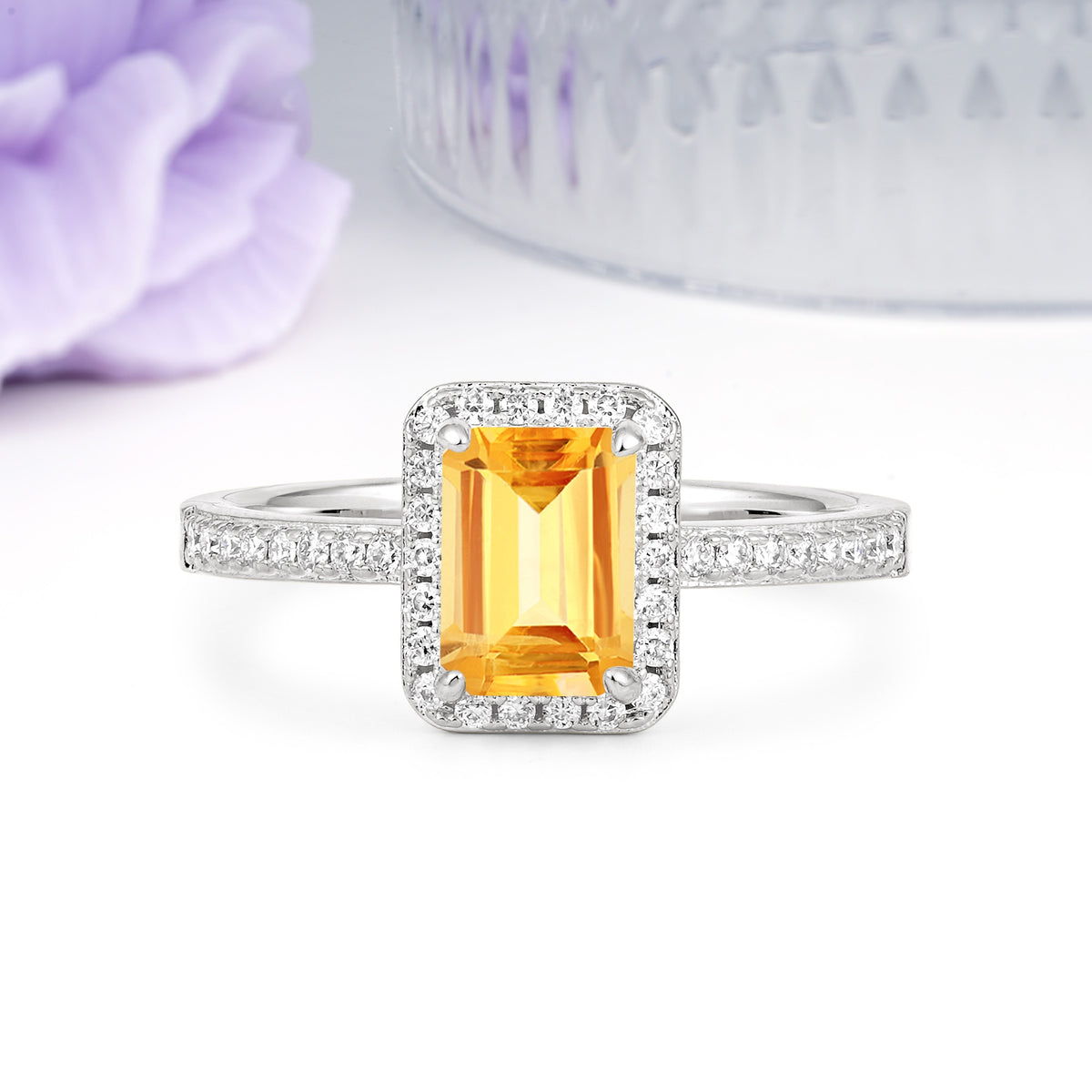 Classic Pavé-Set, Luxurious 4-Prong, Emerald-Cut Citrine Engagement Ring - Additional view