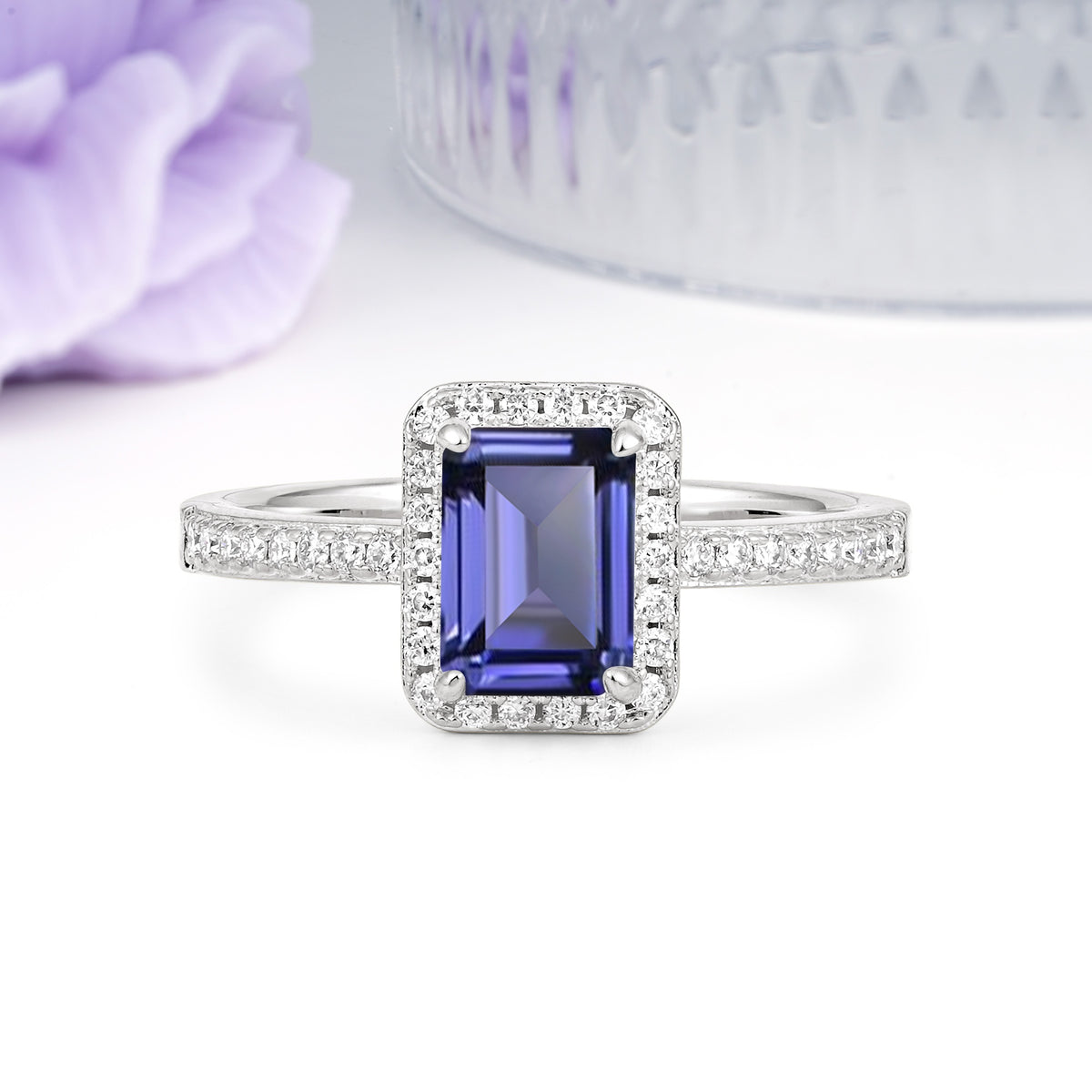 Classic Pavé-Set, Luxurious 4-Prong, Emerald-Cut Tanzanite Engagement Ring - Additional view