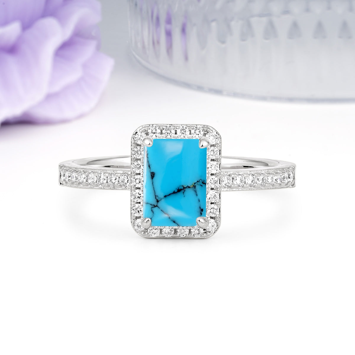 Classic Pavé-Set, Luxurious 4-Prong, Emerald-Cut Turquoise Engagement Ring - Additional view