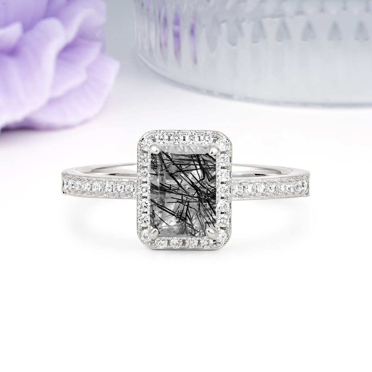 Classic Pavé-Set, Luxurious 4-Prong, Emerald-Cut Black Rutilated Quartz Engagement Ring - Additional view