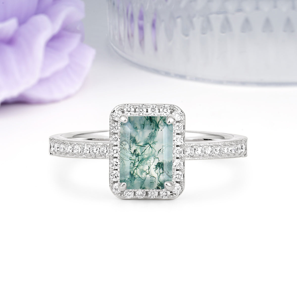 Classic Pavé-Set, Luxurious 4-Prong, Emerald-Cut Moss Agate Engagement Ring - Additional view