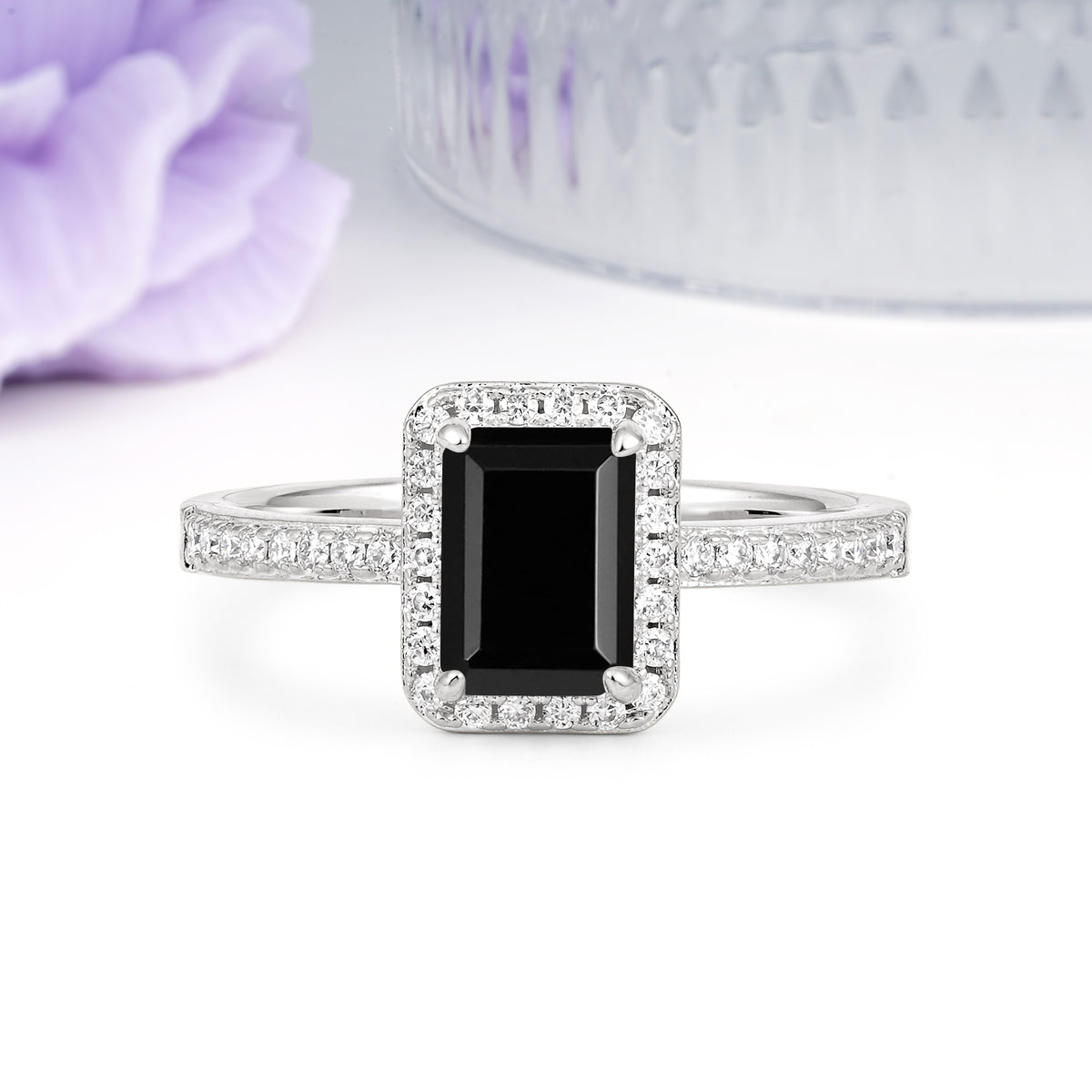 Classic Pavé-Set, Luxurious 4-Prong, Emerald-Cut Black Onyx Engagement Ring - Additional view