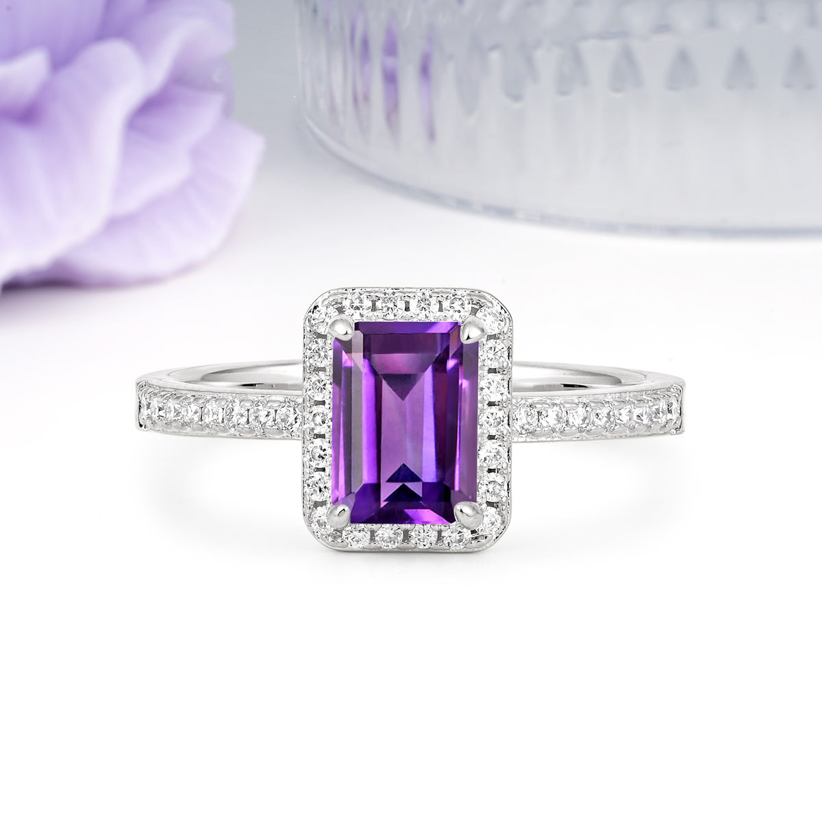 Classic Pavé-Set, Luxurious 4-Prong, Emerald-Cut Amethyst Engagement Ring - Additional view