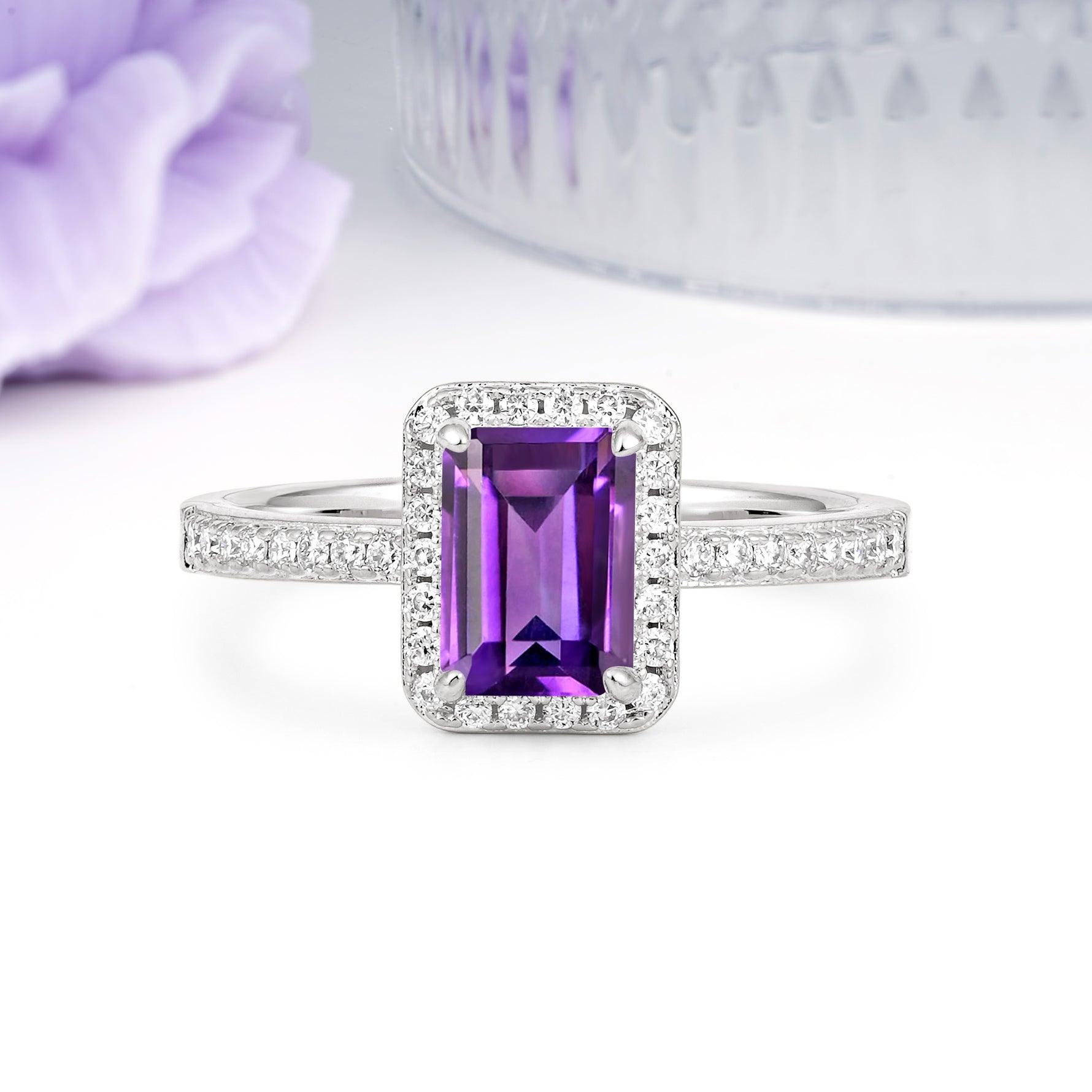 Classic Pavé-Set, Luxurious 4-Prong, Emerald-Cut Amethyst Engagement Ring - Additional view