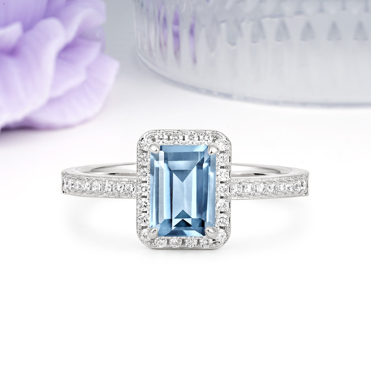 Classic Pavé-Set, Luxurious 4-Prong, Emerald-Cut Aquamarine Engagement Ring - Additional view