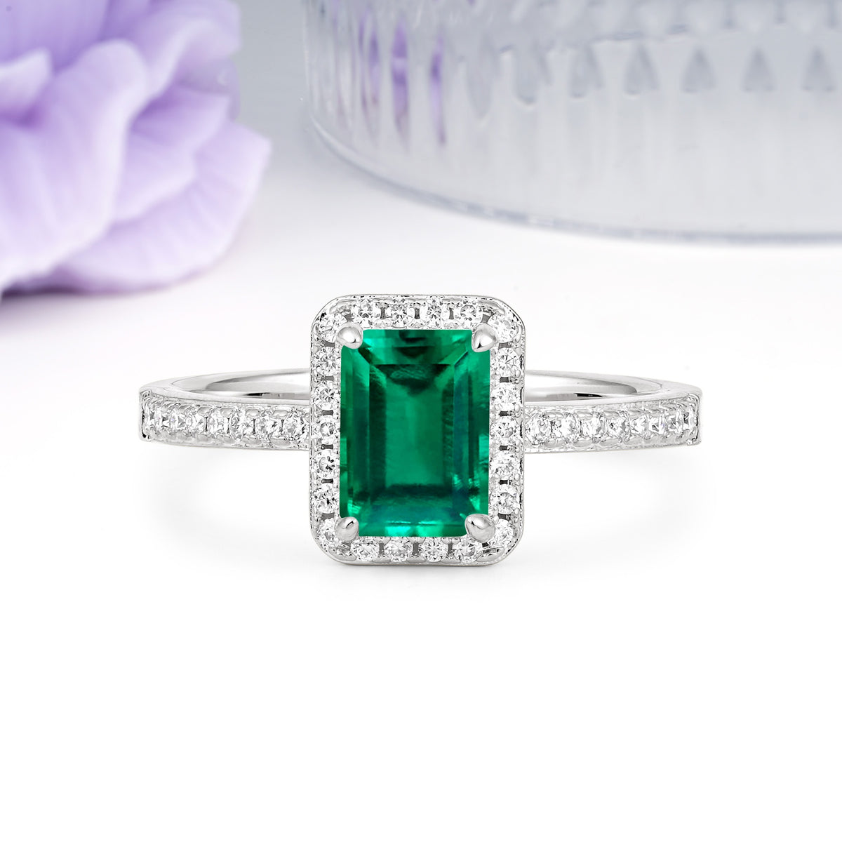 Classic Pavé-Set, Luxurious 4-Prong, Emerald-Cut Emerald Engagement Ring - Additional view