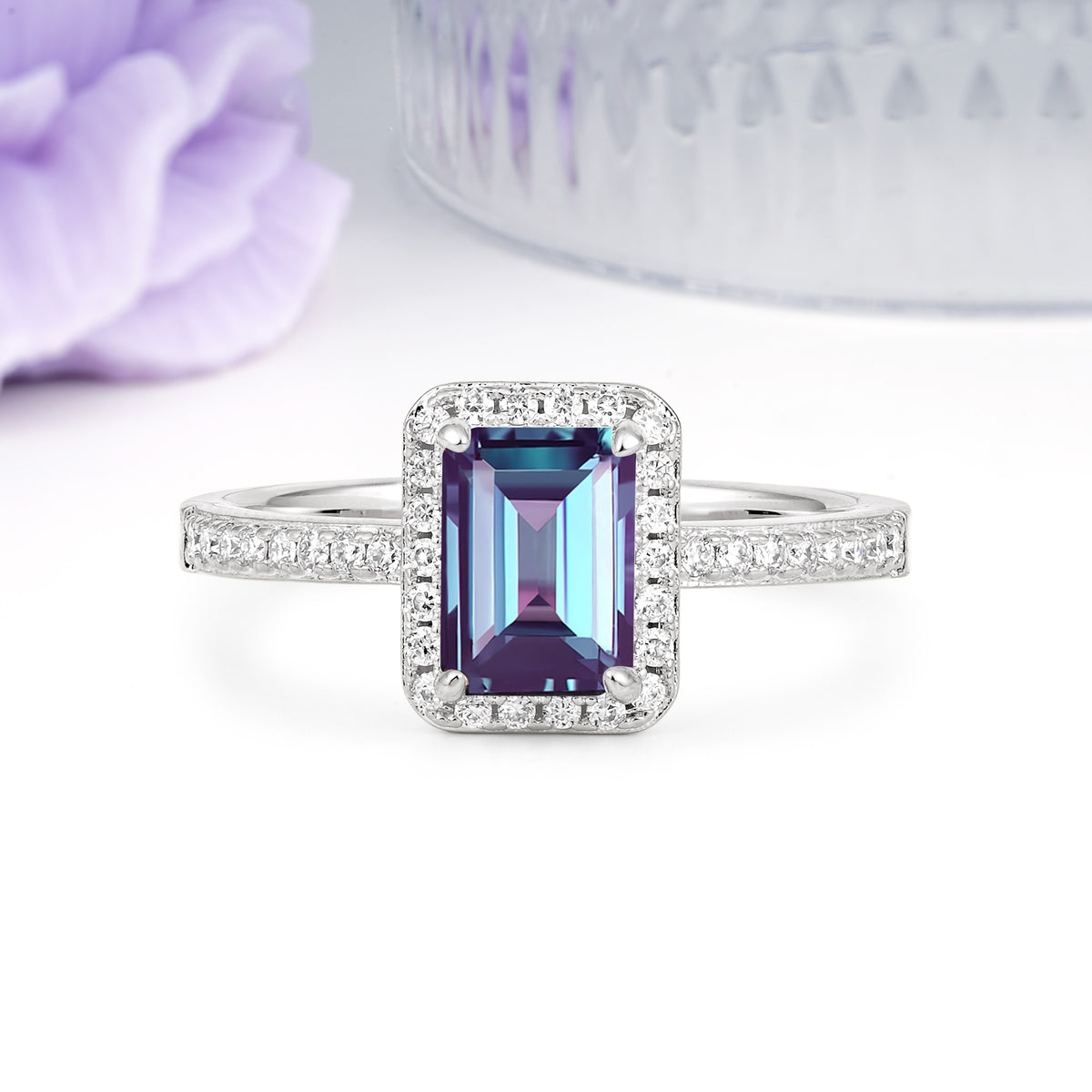 Classic Pavé-Set, Luxurious 4-Prong, Emerald-Cut Alexandrite Engagement Ring - Additional view