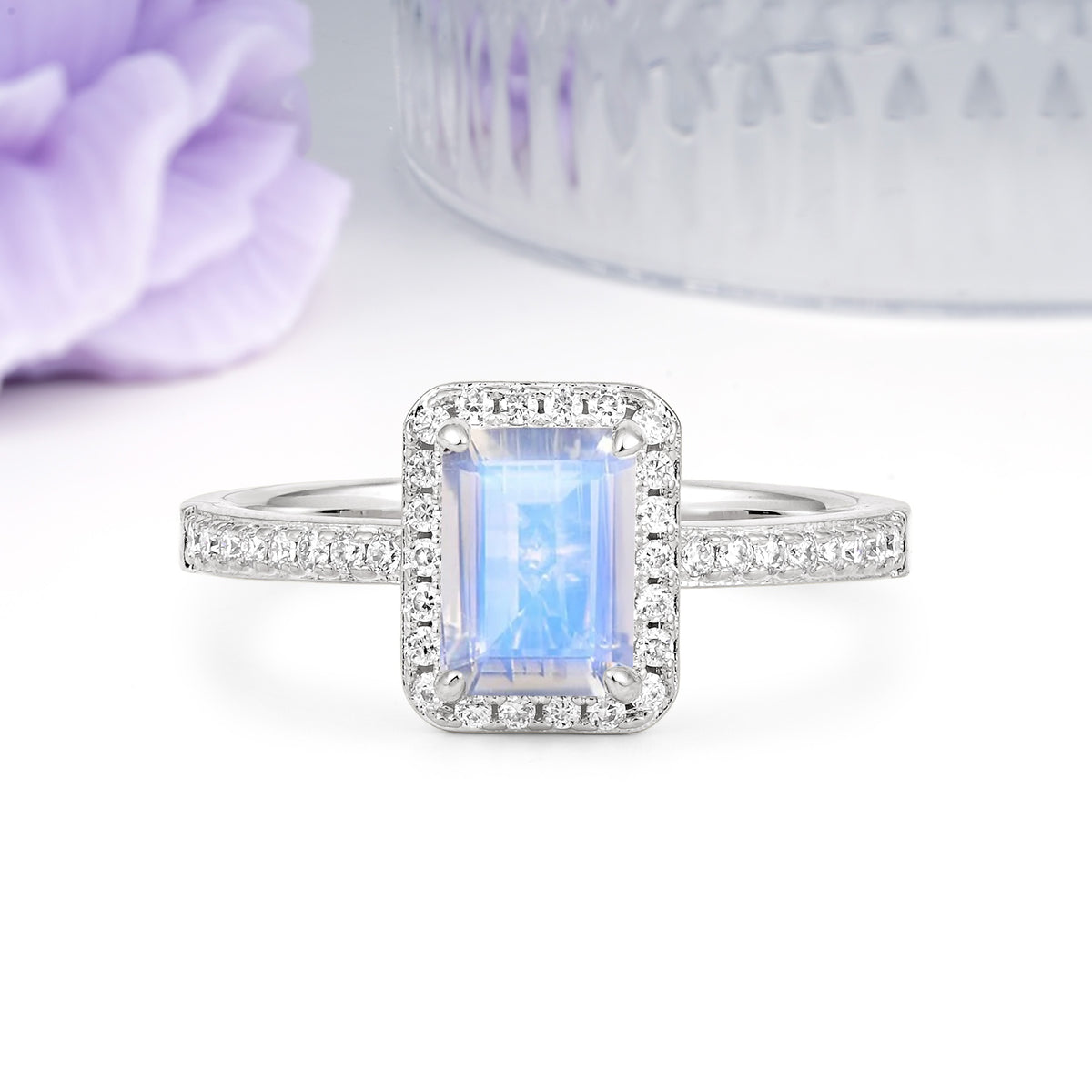 Classic Pavé-Set, Luxurious 4-Prong, Emerald-Cut Moonstone Engagement Ring - Additional view