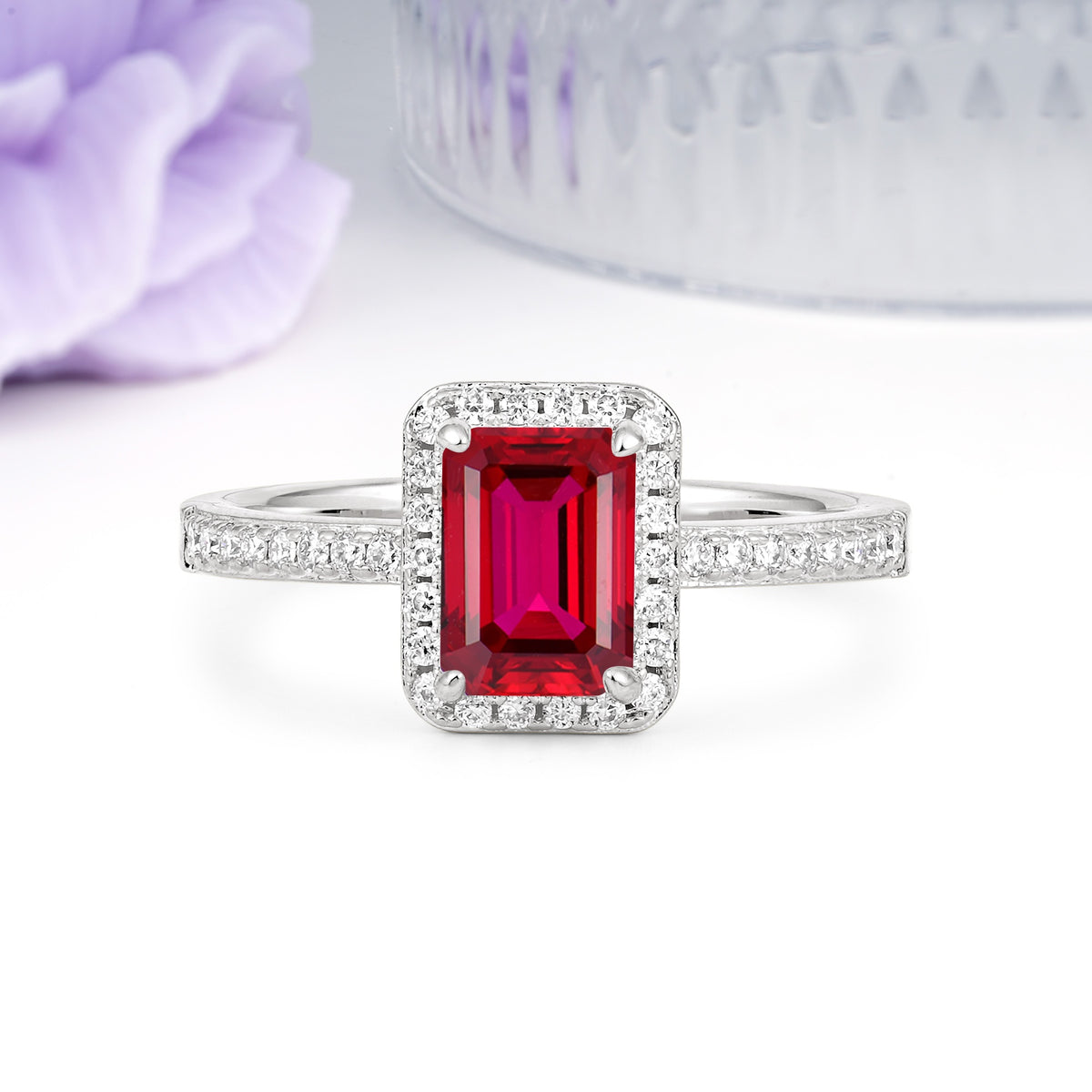 Classic Pavé-Set, Luxurious 4-Prong, Emerald-Cut Ruby Engagement Ring - Additional view
