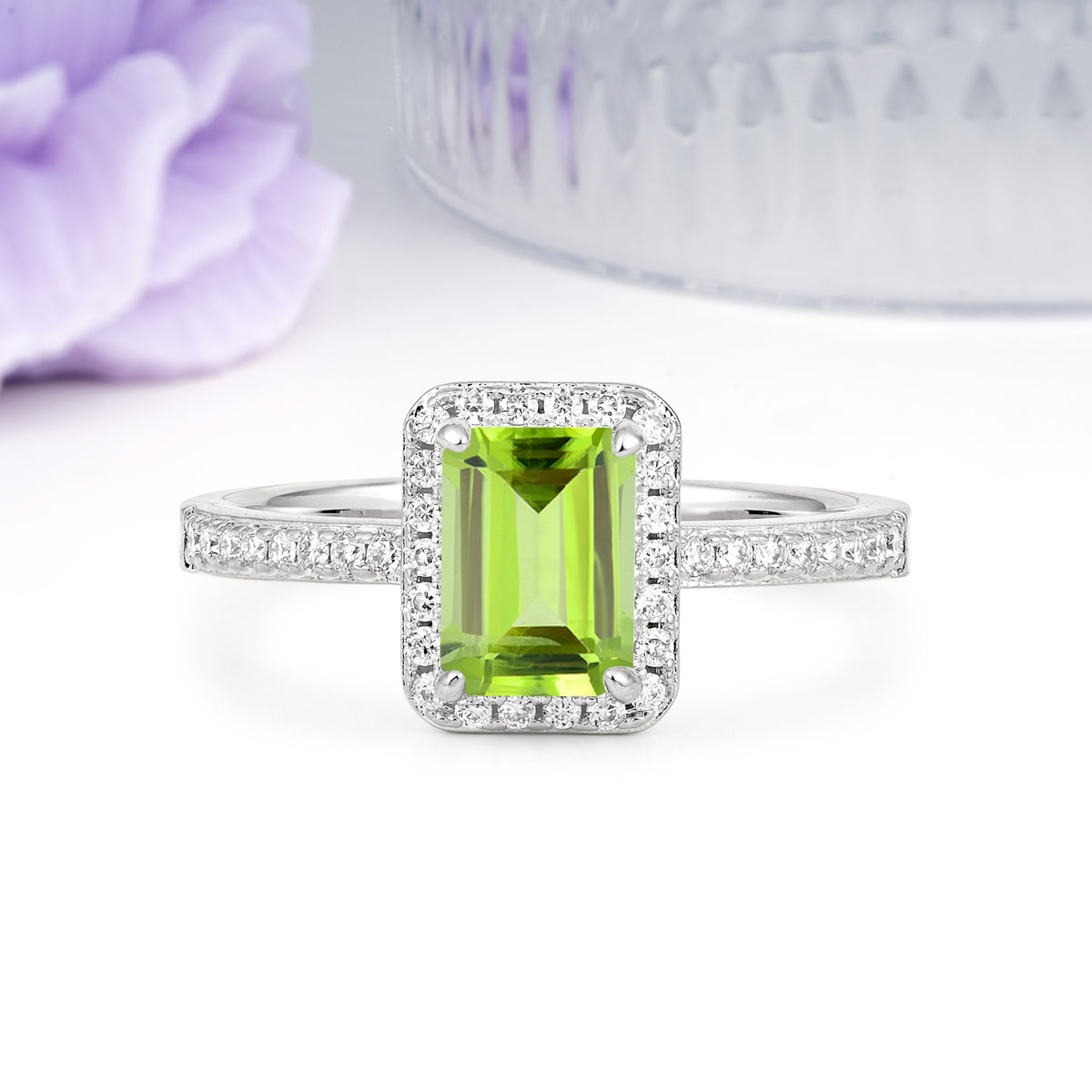 Classic Pavé-Set, Luxurious 4-Prong, Emerald-Cut Peridot Engagement Ring - Additional view