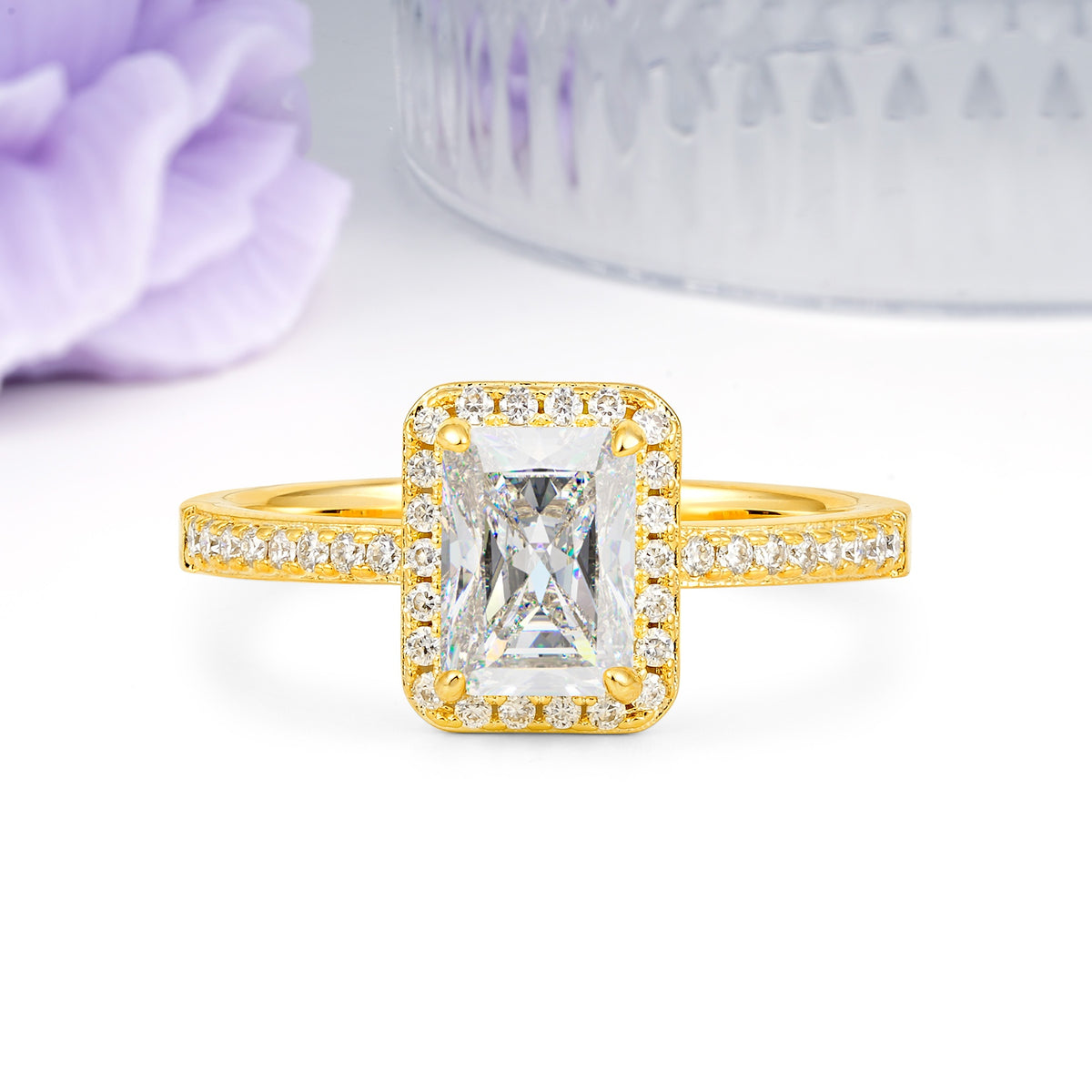 Classic Pavé-Set, Luxurious 4-Prong, Emerald-Cut Moissanite Engagement Ring - Additional view