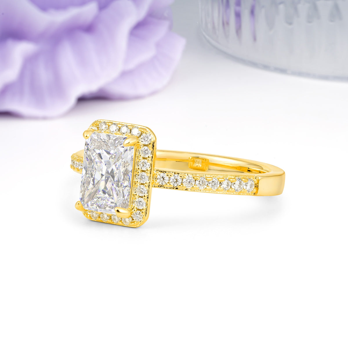 Classic Pavé-Set, Luxurious 4-Prong, Emerald-Cut Moissanite Engagement Ring - Additional view