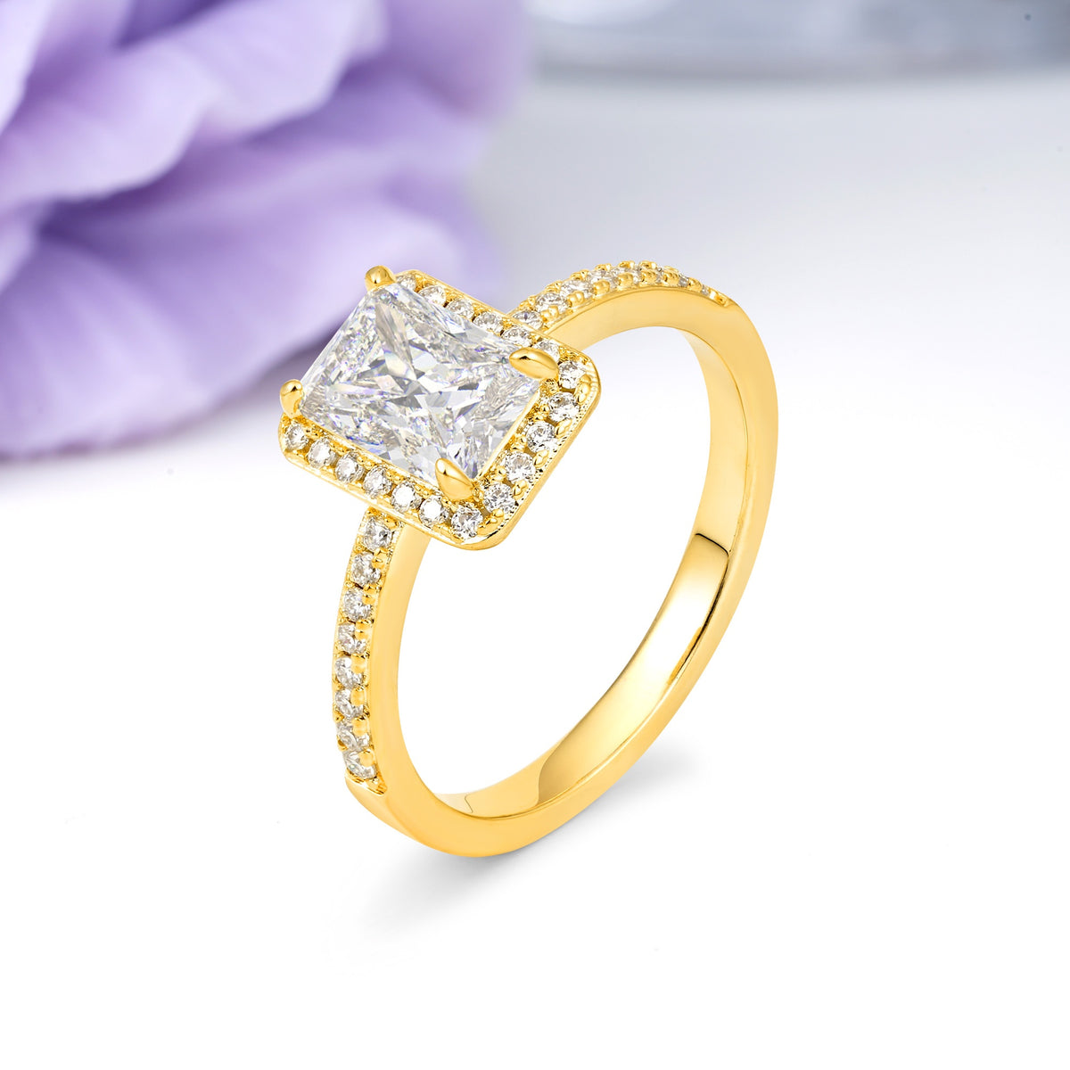 Classic Pavé-Set, Luxurious 4-Prong, Emerald-Cut Moissanite Engagement Ring - Additional view