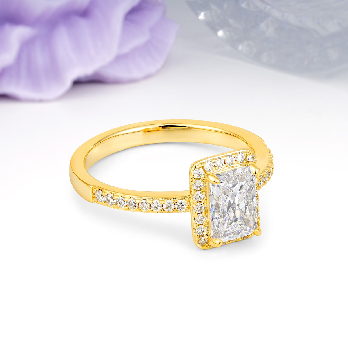 Classic Pavé-Set, Luxurious 4-Prong, Emerald-Cut Moissanite Engagement Ring - Additional view