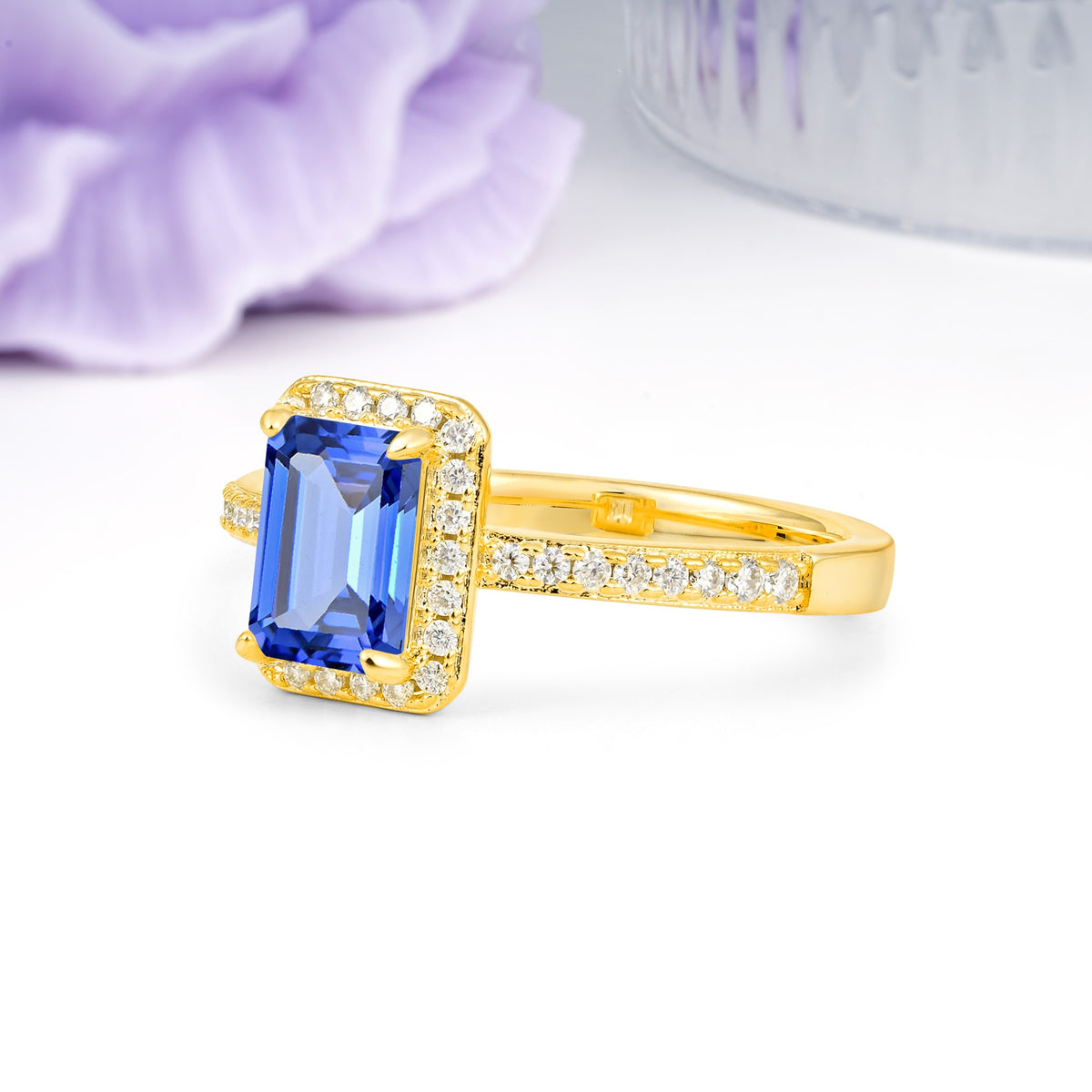 Classic Pavé-Set, Luxurious 4-Prong, Emerald-Cut Sapphire Engagement Ring - Additional view