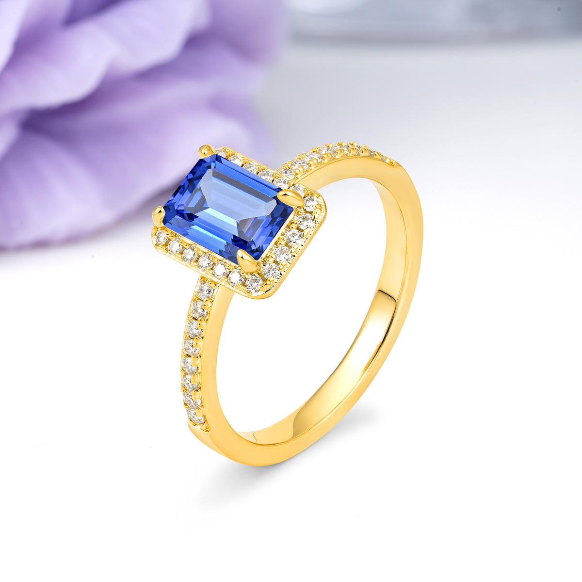 Classic Pavé-Set, Luxurious 4-Prong, Emerald-Cut Sapphire Engagement Ring - Additional view