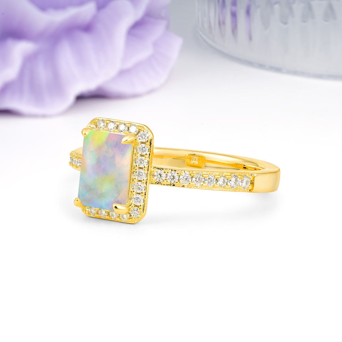 Classic Pavé-Set, Luxurious 4-Prong, Emerald-Cut Fire Opal Engagement Ring - Additional view