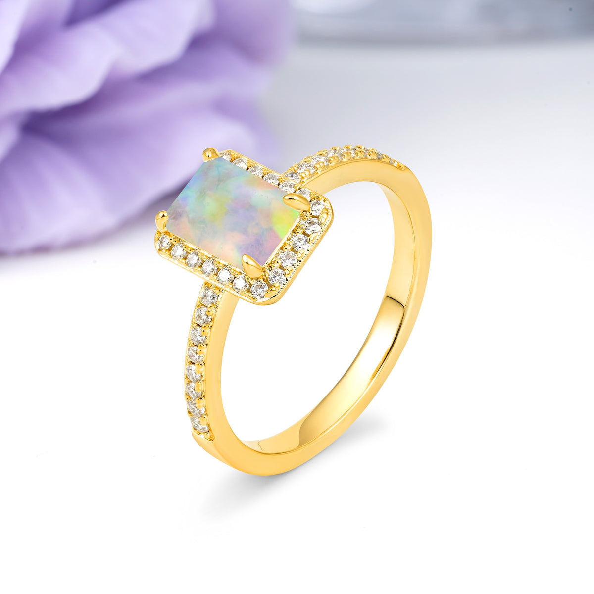 Classic Pavé-Set, Luxurious 4-Prong, Emerald-Cut Fire Opal Engagement Ring - Additional view