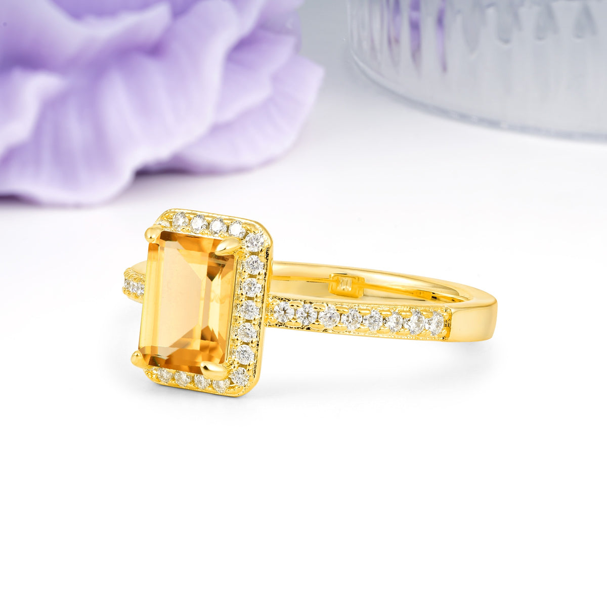 Classic Pavé-Set, Luxurious 4-Prong, Emerald-Cut Citrine Engagement Ring - Additional view