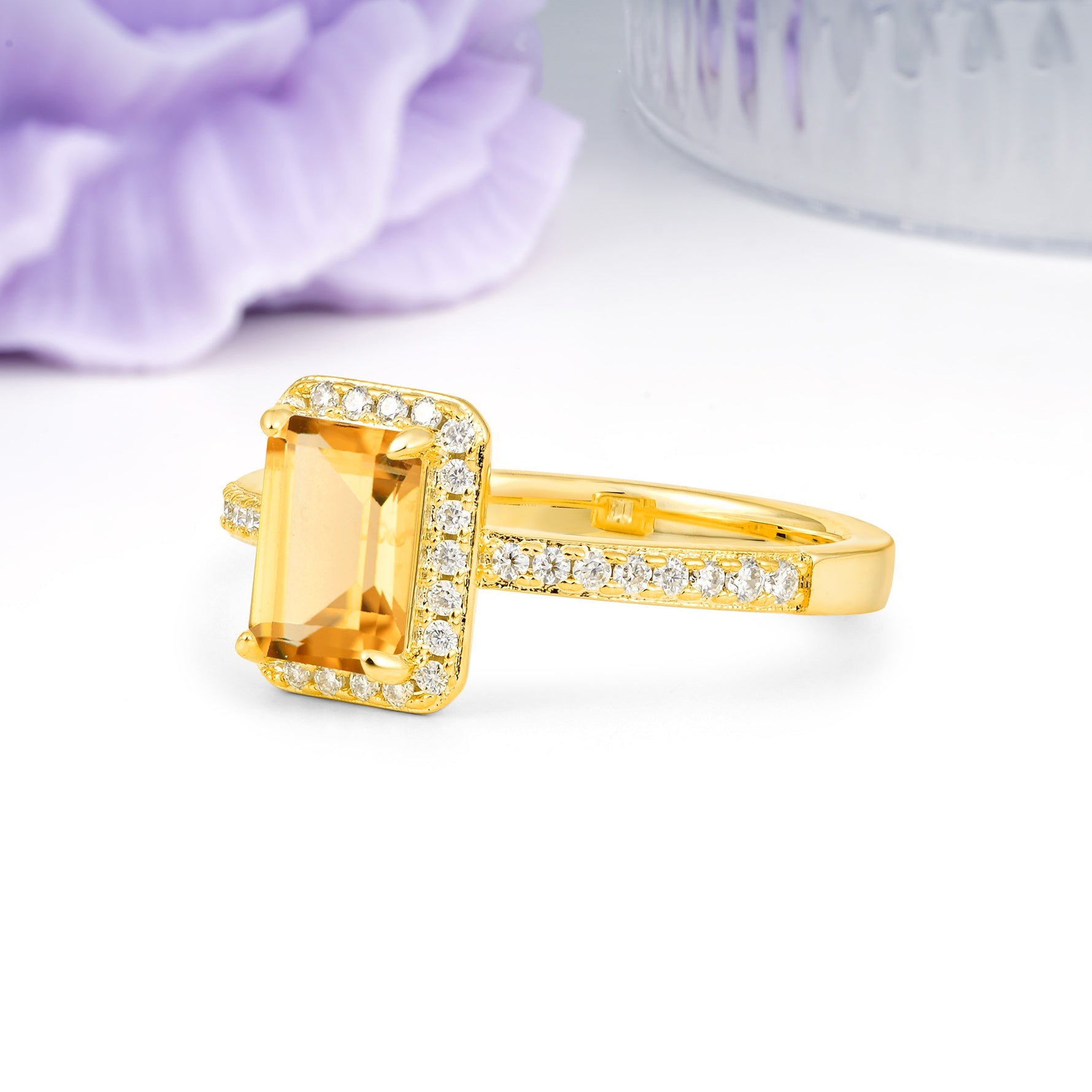 Classic Pavé-Set, Luxurious 4-Prong, Emerald-Cut Citrine Engagement Ring - Additional view