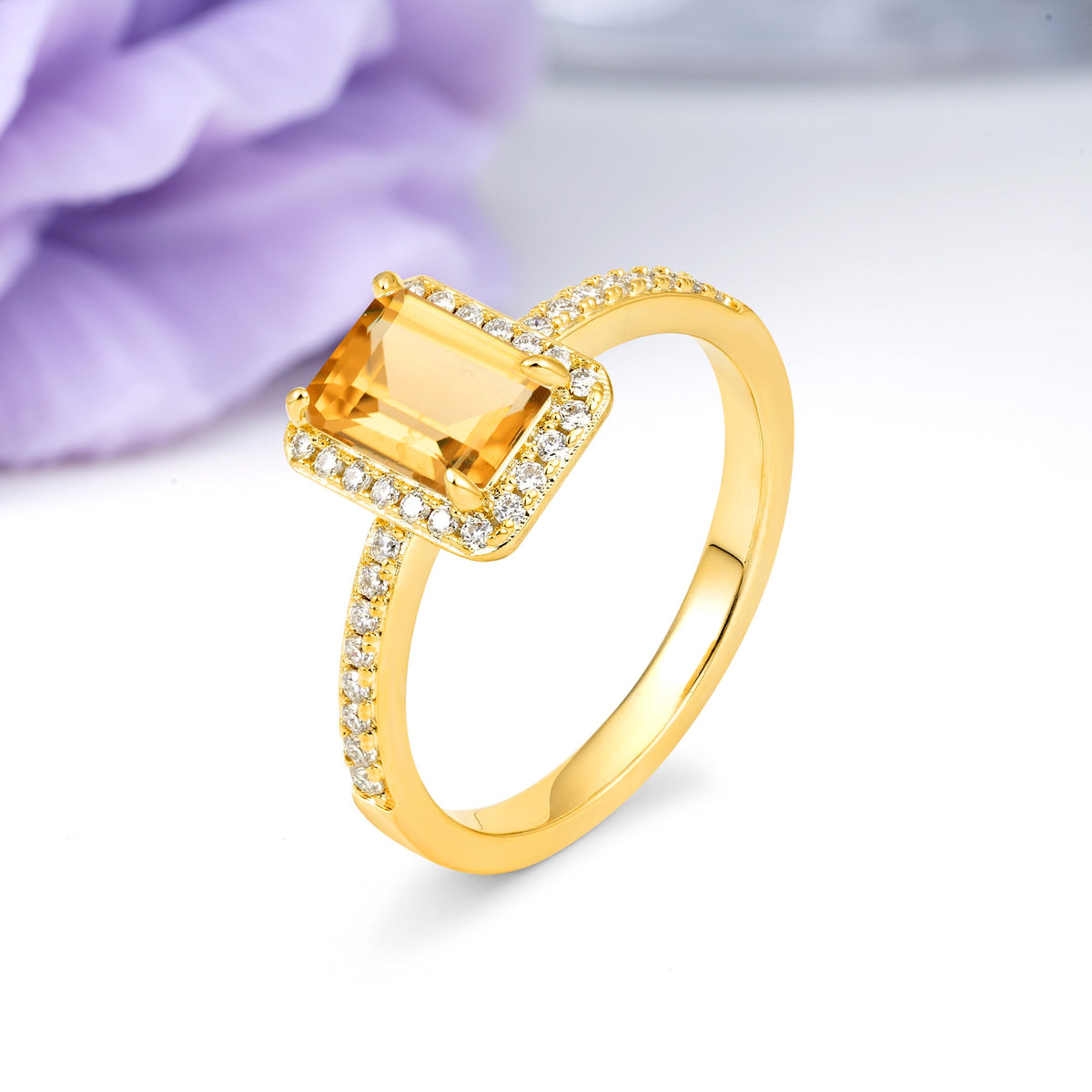 Classic Pavé-Set, Luxurious 4-Prong, Emerald-Cut Citrine Engagement Ring - Additional view