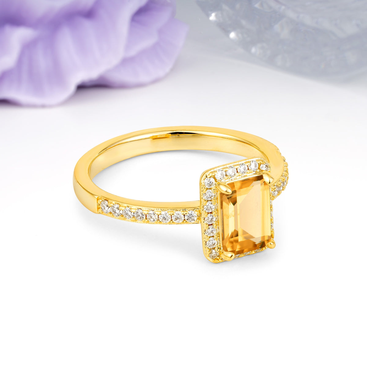 Classic Pavé-Set, Luxurious 4-Prong, Emerald-Cut Citrine Engagement Ring - Additional view