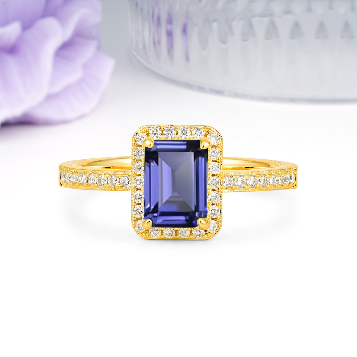 Classic Pavé-Set, Luxurious 4-Prong, Emerald-Cut Tanzanite Engagement Ring - Additional view