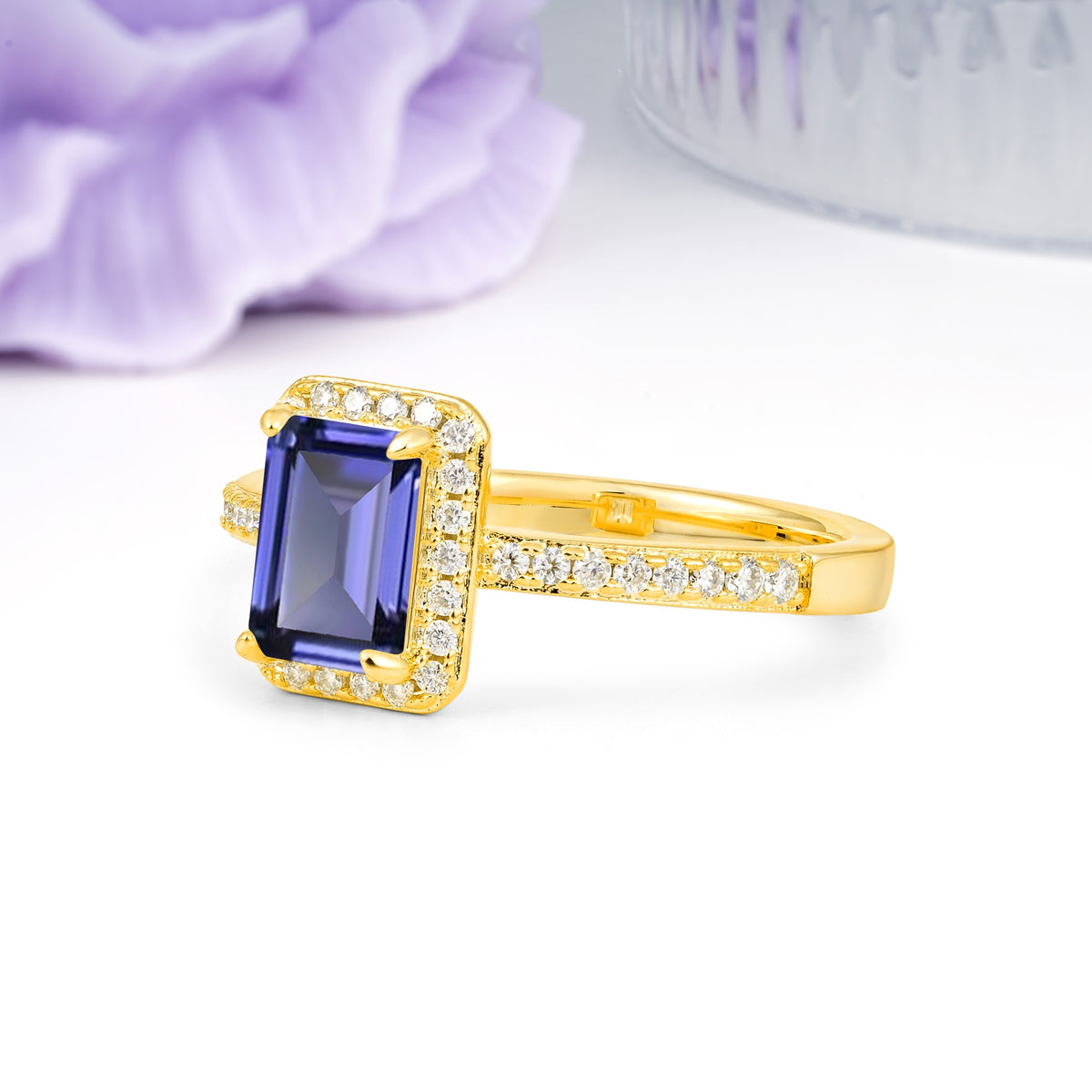 Classic Pavé-Set, Luxurious 4-Prong, Emerald-Cut Tanzanite Engagement Ring - Additional view