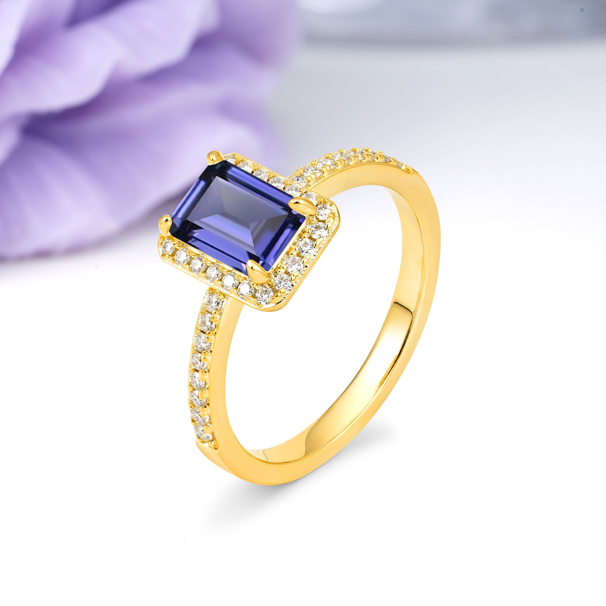 Classic Pavé-Set, Luxurious 4-Prong, Emerald-Cut Tanzanite Engagement Ring - Additional view