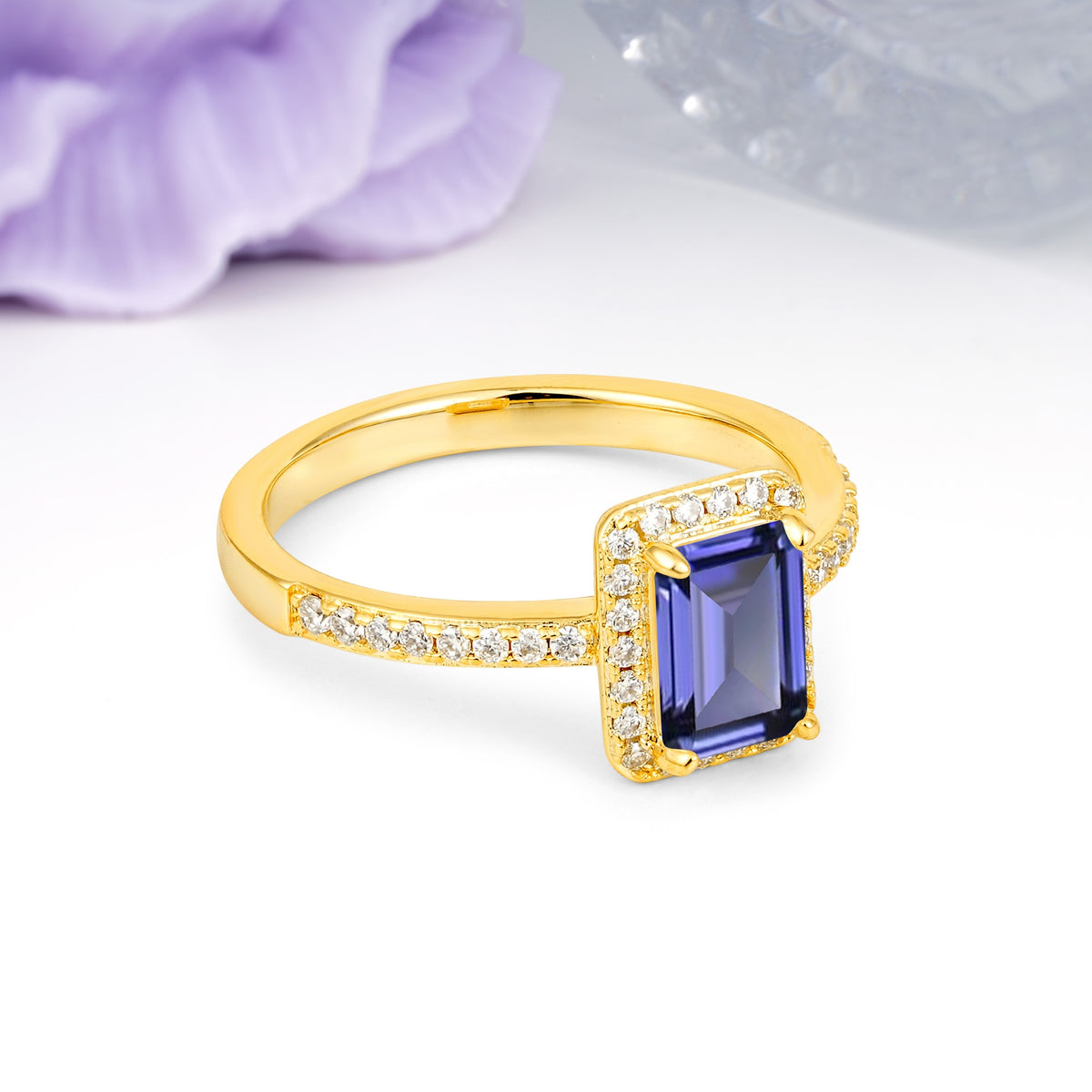 Classic Pavé-Set, Luxurious 4-Prong, Emerald-Cut Tanzanite Engagement Ring - Additional view