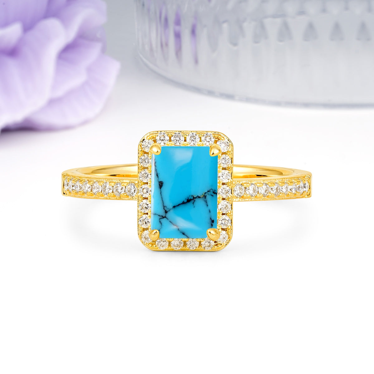 Classic Pavé-Set, Luxurious 4-Prong, Emerald-Cut Turquoise Engagement Ring - Additional view