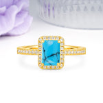 Classic Pavé-Set, Luxurious 4-Prong, Emerald-Cut Turquoise Engagement Ring - Additional view