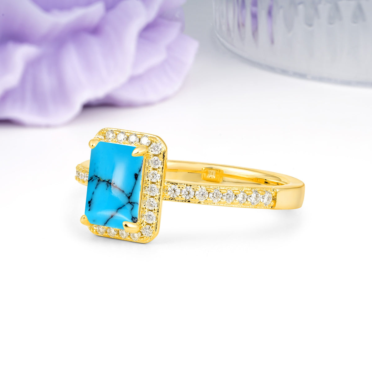 Classic Pavé-Set, Luxurious 4-Prong, Emerald-Cut Turquoise Engagement Ring - Additional view