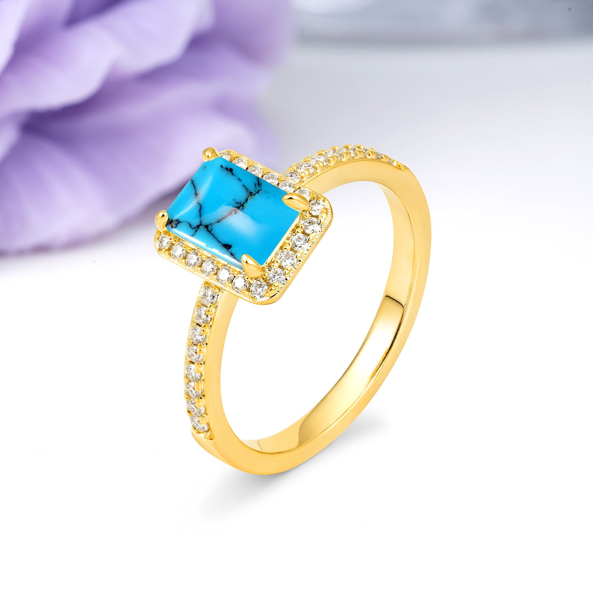 Classic Pavé-Set, Luxurious 4-Prong, Emerald-Cut Turquoise Engagement Ring - Additional view