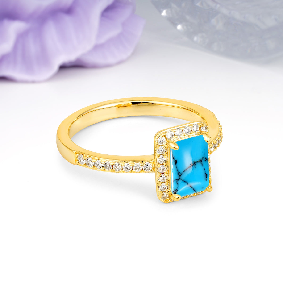 Classic Pavé-Set, Luxurious 4-Prong, Emerald-Cut Turquoise Engagement Ring - Additional view