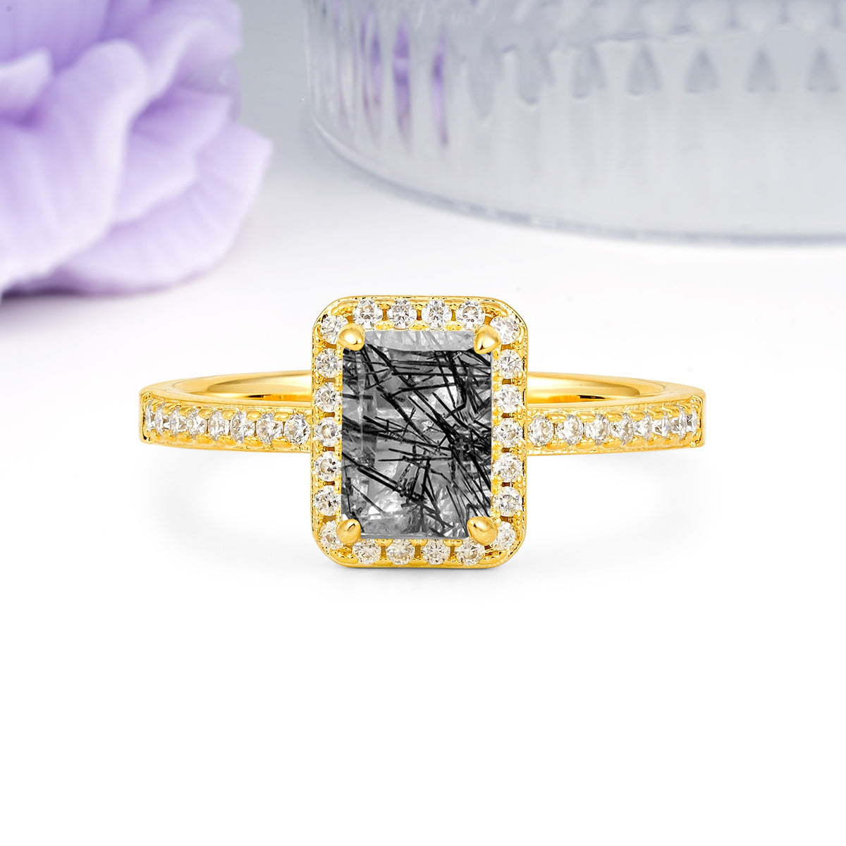 Classic Pavé-Set, Luxurious 4-Prong, Emerald-Cut Black Rutilated Quartz Engagement Ring - Additional view