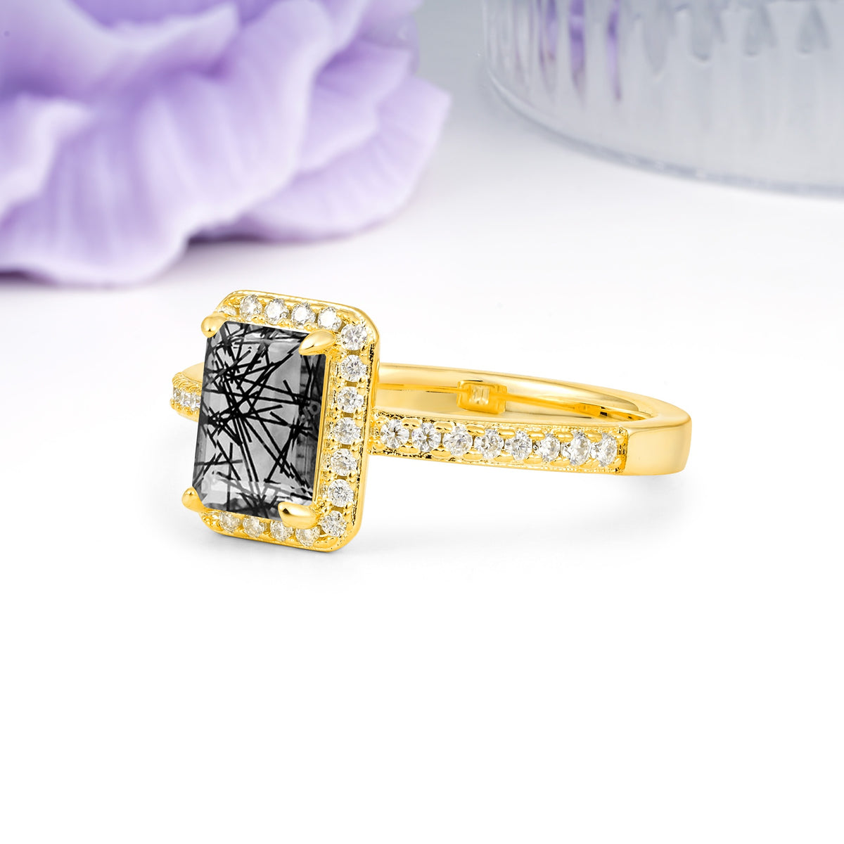 Classic Pavé-Set, Luxurious 4-Prong, Emerald-Cut Black Rutilated Quartz Engagement Ring - Additional view