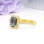 Classic Pavé-Set, Luxurious 4-Prong, Emerald-Cut Black Rutilated Quartz Engagement Ring - Additional view