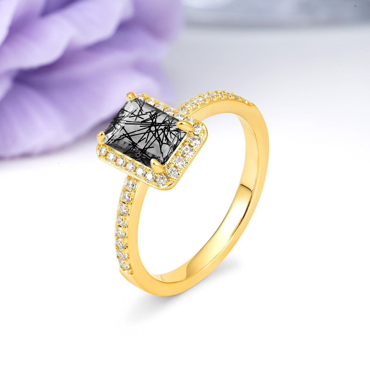 Classic Pavé-Set, Luxurious 4-Prong, Emerald-Cut Black Rutilated Quartz Engagement Ring - Additional view