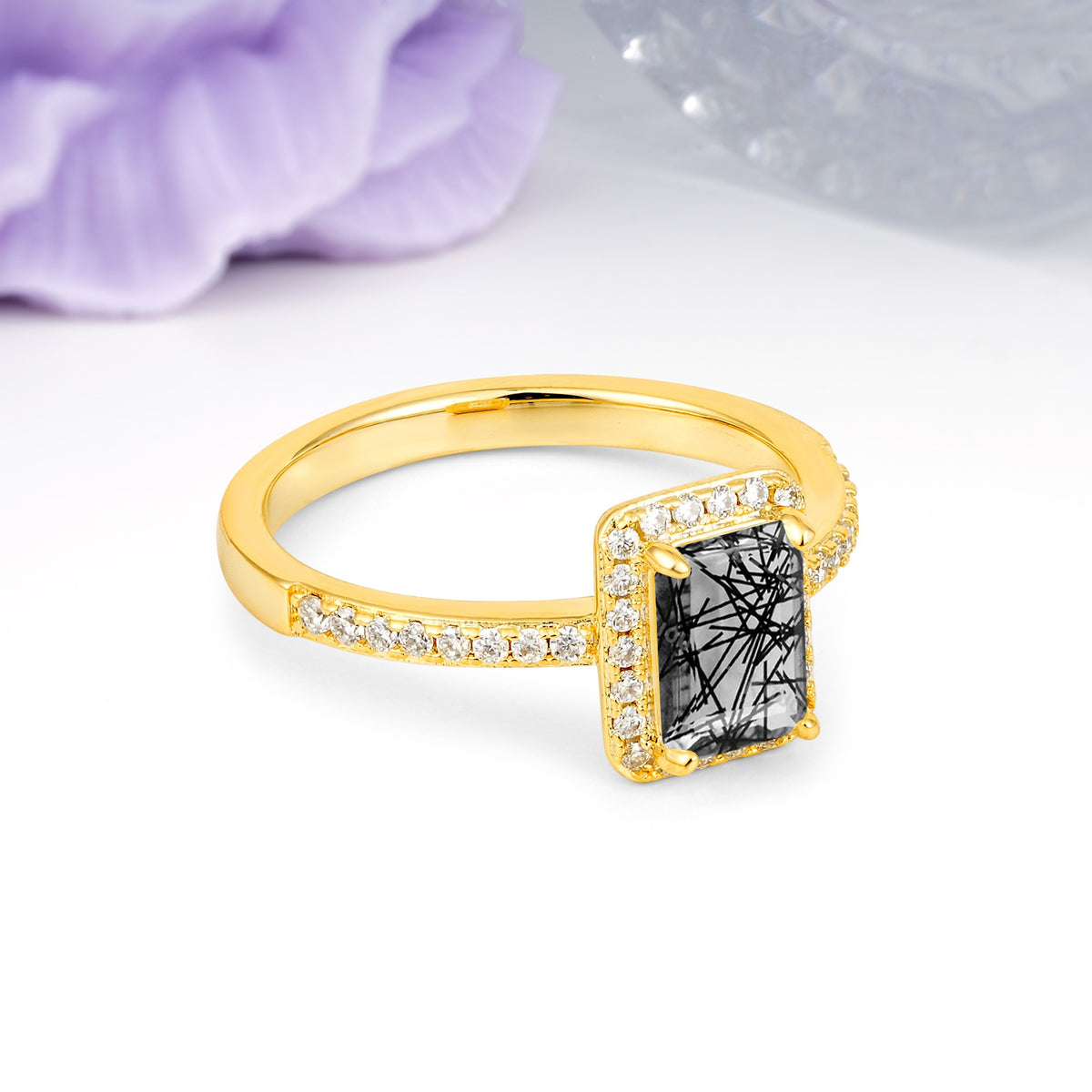 Classic Pavé-Set, Luxurious 4-Prong, Emerald-Cut Black Rutilated Quartz Engagement Ring - Additional view