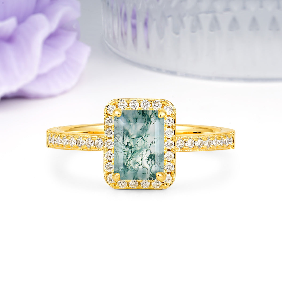 Classic Pavé-Set, Luxurious 4-Prong, Emerald-Cut Moss Agate Engagement Ring - Additional view