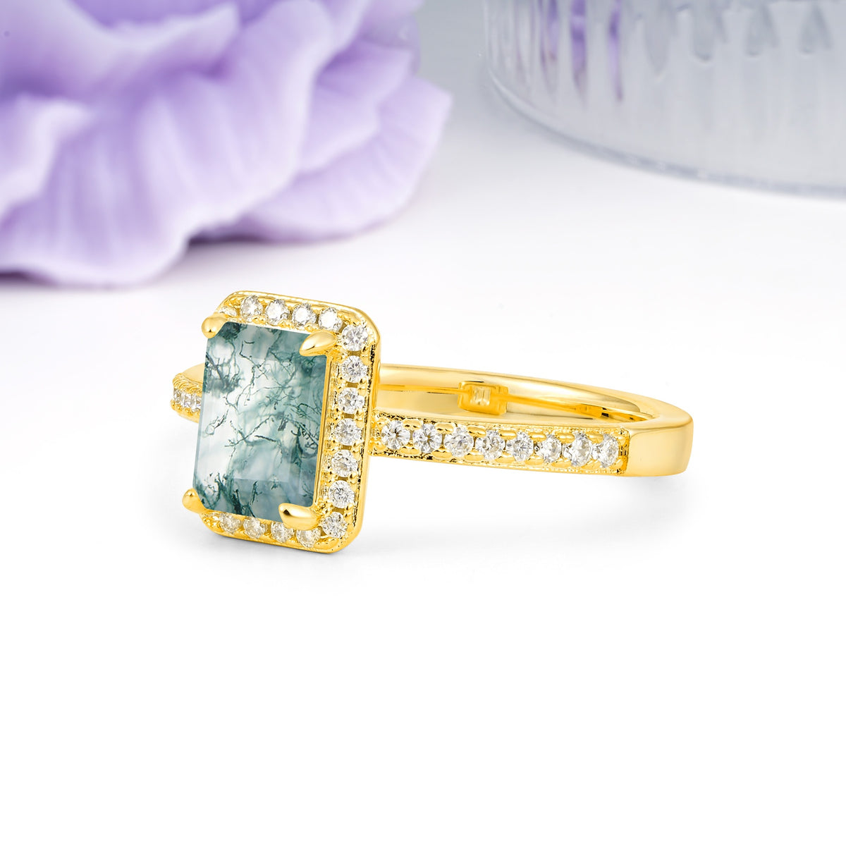 Classic Pavé-Set, Luxurious 4-Prong, Emerald-Cut Moss Agate Engagement Ring - Additional view