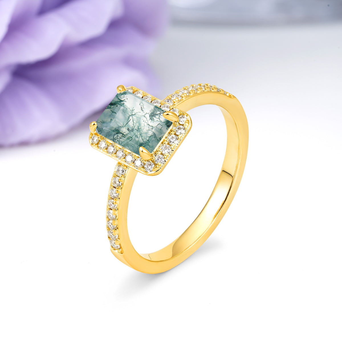 Classic Pavé-Set, Luxurious 4-Prong, Emerald-Cut Moss Agate Engagement Ring - Additional view