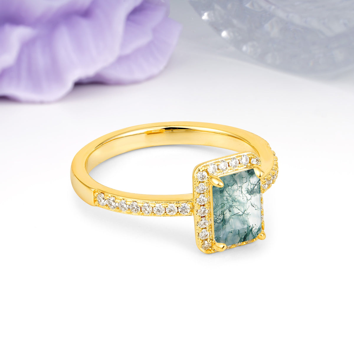 Classic Pavé-Set, Luxurious 4-Prong, Emerald-Cut Moss Agate Engagement Ring - Additional view